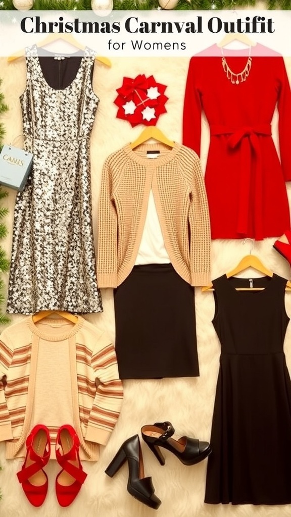 A collection of stylish Christmas carnival outfits for women, including dresses and accessories, displayed with holiday decorations.